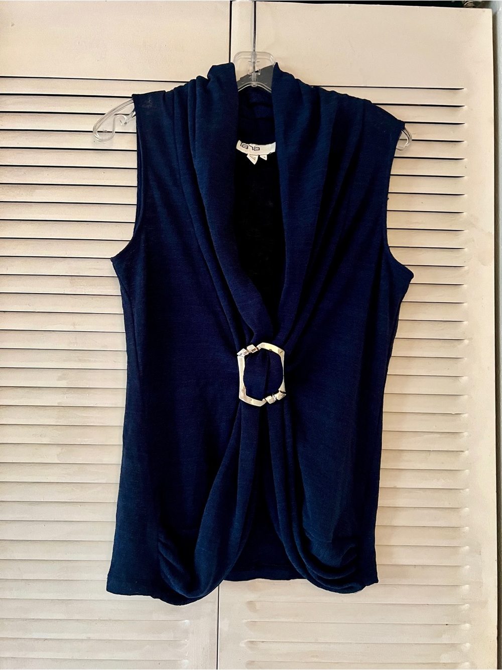 Lana Lee Sleeveless Navy Draped Front Top with Buckle Detail